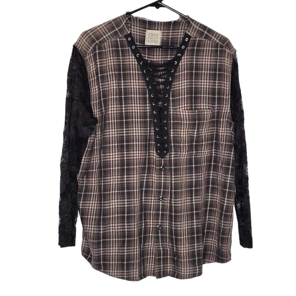 Furst of a Kind Multicolor Plaid Lace up Long Sleeve Pullover Top